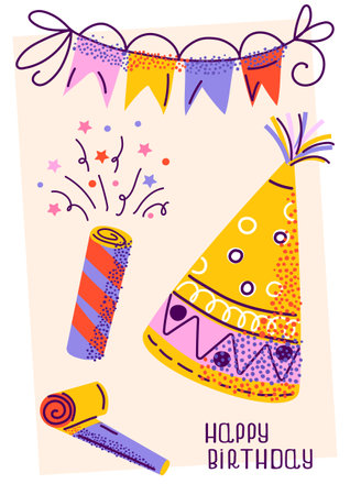 Birthday illustration with party elements like hat, firecracker, confetti, and streamers. Ideal for birthday cards, invitations, party decorations, or social media posts. Vector illustrationのイラスト素材
