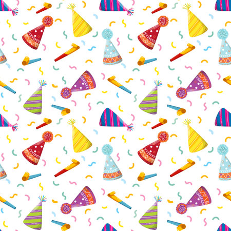 festive seamless pattern featuring colorful party hats, blowouts, and confetti. Ideal for wrapping paper, birthday invitations, decorations, or digital backgroundsのイラスト素材