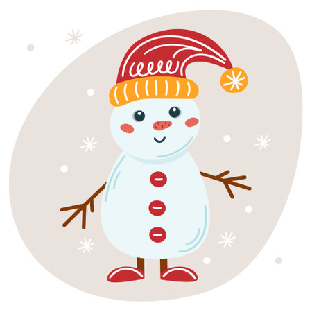 Snowman. Cute funny winter character on beige background with snowflakes. For card or Christmas backgroundのイラスト素材