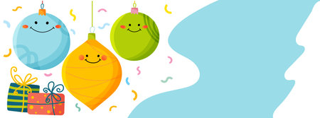 Cute hanging decorations, gifts, and confetti on holiday background. For greeting cards, banners, templatesのイラスト素材