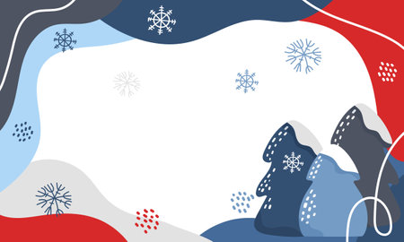 Winter banner with snowy trees, abstract shapes, and snowflakes. For seasonal event promotions, greeting cards, or festive website headersのイラスト素材