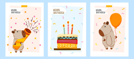 Set of birthday card designs featuring cute capybara with balloon, capybara with party popper, birthday cake with candles. Perfect for greeting cards, birthday wishes or theme party invitationsのイラスト素材