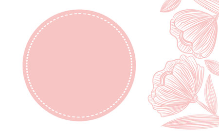 Floral illustration with pastel pink circle label with space for text. For greeting cards, invitations, or branding designs. The delicate line art and soft colorsのイラスト素材
