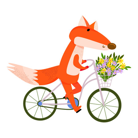 Fox riding bicycle with basket of fresh flowers. For children books, greeting card, spring decorations, or eco-friendly campaign designsのイラスト素材