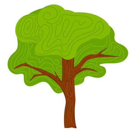 Stylized green tree with brown trunk and swirling patterns in the foliageのイラスト素材
