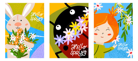Hello Spring illustration set with rabbit, ladybug, and smiling girl surrounded by flowersのイラスト素材