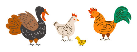 Cute farm bird set. Turkey, hen, rooster, and chick isolated illustrations. Farm animalsのイラスト素材
