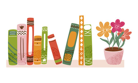 Books on shelf with flowerpot. Cozy and artistic design reading, literature, and home decor. Perfect for libraries, bookstores, and education themesのイラスト素材