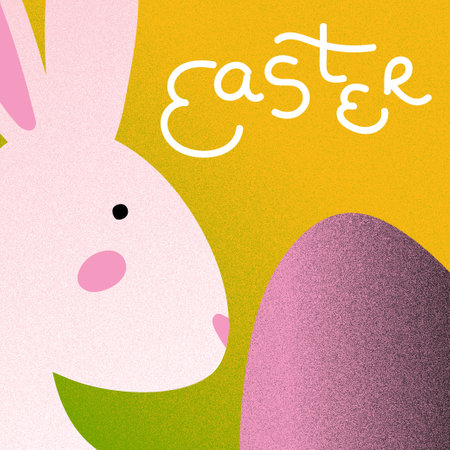 Pink bunny and Easter egg on yellow-green background. For Easter cards and decorations