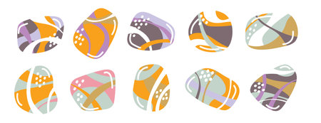 Cartoon pebbles with abstract lines and dots. Hand-drawn smooth stones in soft pastel colors. Decorative clipart for nature, sea, or beach-themed designのイラスト素材