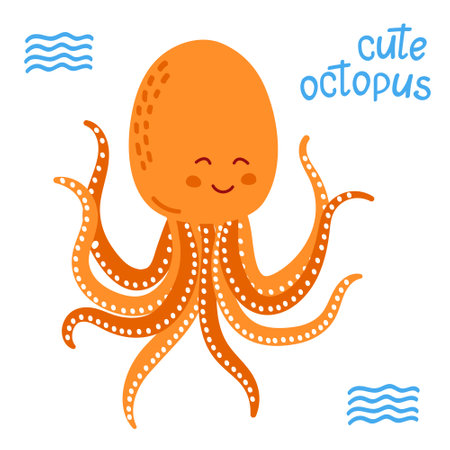 Cute cartoon octopus with smiling face. Funny sea animal. Perfect for kids, prints, cards, and nursery decorのイラスト素材