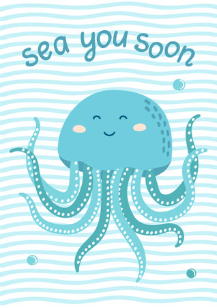 Cute jellyfish with a smiling face and text Sea you soon on a wavy background. Fun cartoon illustration for kids, postcards, t-shirts, or summer-themed designのイラスト素材