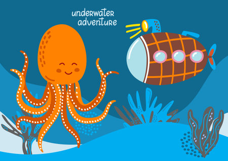 Funny cartoon octopus and cute submarine exploring the deep sea. Underwater adventure. Colorful underwater scene with coral, sea plants, and smiling charactersのイラスト素材