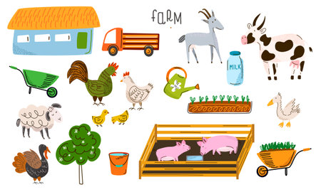 Set of cute farm animals and birds, trees, seedling, farming equipment. Cow, pig, sheep, goat, chicken, rooster, turkey, goose, chicks. Elements for stickers, posters and banners. Vector illustrationのイラスト素材