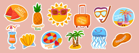 Summer sticker set with beach and travel elements. Flat illustrations of pineapple, palm tree, sun in sunglasses, beach, swimming ring, cocktail, watermelon, text and other relax elementsのイラスト素材