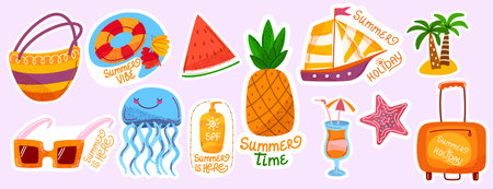 Summer sticker set with sea animal, beach and vacation elements. Flat illustrations of pineapple, sailboat, beach bag, jellyfish, watermelon, swimming ring, hand drawn lettering. Vector illustrationのイラスト素材