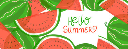 Watermelon slices bright summer banner with text Hello Summer. Fun and colorful flat design. Great for seasonal promotions, greeting cards, or social media postsのイラスト素材