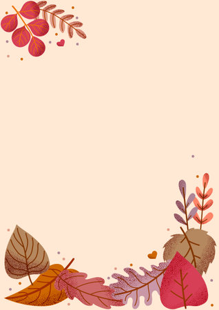 Autumn card with colorful fall leaves. Warm tones on beige background. Design for seasonal greeting cards, invitations, notes, and social media. Vector illustrationのイラスト素材