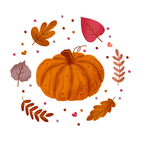 Cute pumpkin illustration with colorful autumn leaves and dots. Hand-drawn in warm fall colors. Seasonal decor, cards, kids projects, and harvest themes. Vector illustrationのイラスト素材