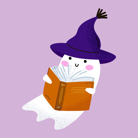 Cute ghost in witch hat reading a book. Funny smart Halloween character. Back to school. Hand drawn cartoon style for kids and holiday designs. Vector illustrationのイラスト素材