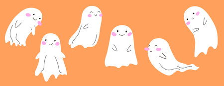 Cute cartoon ghost set. Funny Halloween character collection. Simple and playful style for kids, cards, stickers, and seasonal designs.のイラスト素材