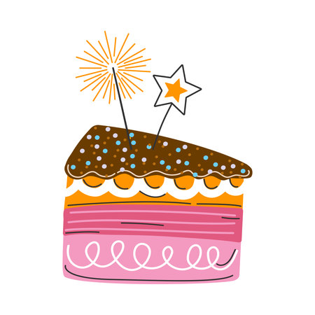 Colorful slice of cake with sparkler and star decoration. Sweet dessert for birthday or celebration. Cute illustration on white backgroundのイラスト素材