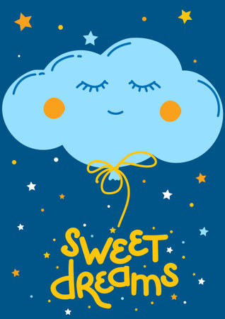 Sweet dreams poster for kids. Cute sleeping balloon-cloud on a night sky. Print for nursery, baby room, greeting card. Vector illustrationのイラスト素材