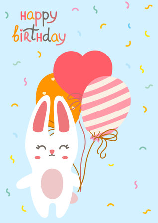 Adorable white bunny with colorful balloons. Happy Birthday greeting card with confetti. Perfect for kids party, invites and festive designs. Vector illustrationのイラスト素材