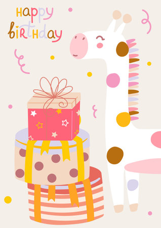 Cute giraffe with stacked gift boxes. Happy Birthday card for kids. Party invitations to celebrate holiday. Vector illustrationのイラスト素材