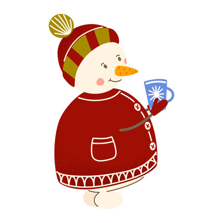 Cute adorable snowman with cup of hot drink. Cozy festive illustration. Winter holiday decoration concept. For cards, prints, stickers and kids design projects.のイラスト素材