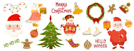 Cute winter clip art set with Santa Claus, duck, snowman, gingerman, Christmas tree, wreath, lettering and decorations. Cozy festive elements for card, invitation, poster, stickerのイラスト素材