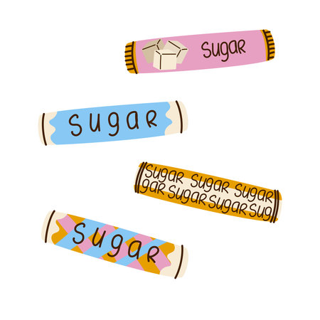 Sugar stick vector set. Colorful single-serve sweeteners for cafe, restaurant catering, and morning beverage branding flat illustration.のイラスト素材