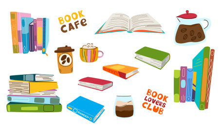 Book cafe set. Book lovers club. Stacks of colorful books, open textbook, coffee pot, cups and glass for library promotion, reading cafe and hobby illustration vectorのイラスト素材
