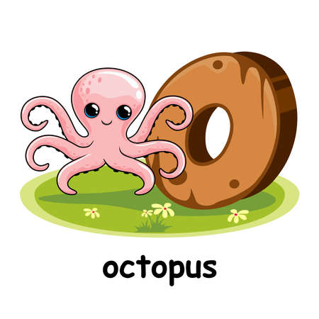 Ocotpus Cartoon 3D Wood Alphabet Animals Letter Oのイラスト素材