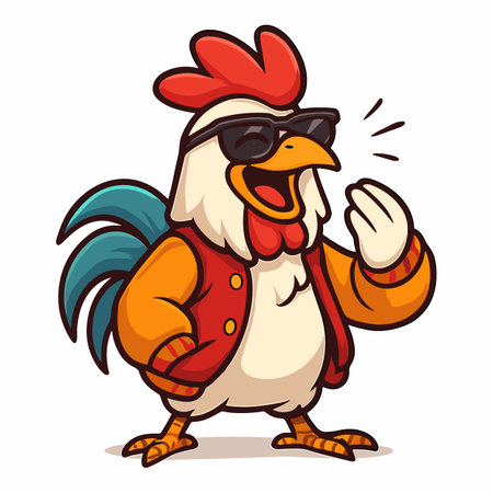 rooster cartoon mascot chicken illustrations wearing sunglasses and jacketのイラスト素材