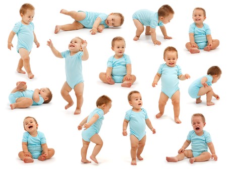 Collection of various situations of a baby boy's behavior. Isolated on whiteの写真素材