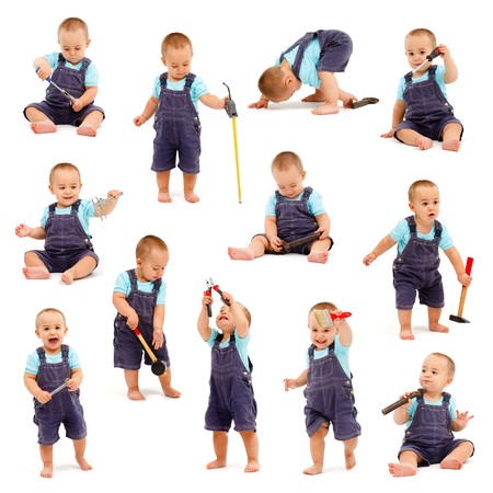 Collage of a little boy playing with various tools. Isolated on whiteの写真素材