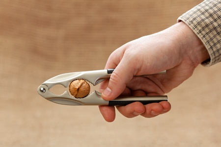 Close-up of man's hand breaking walnut with steel nutcrackerの写真素材