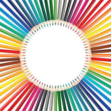 Colorful pencils frame in circle shape arrangement copy space in the middleの写真素材
