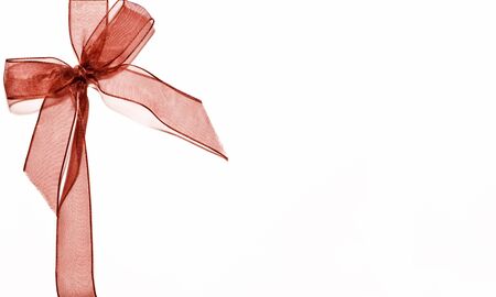 Blank gift tag tied with a bow of red ribbonの写真素材