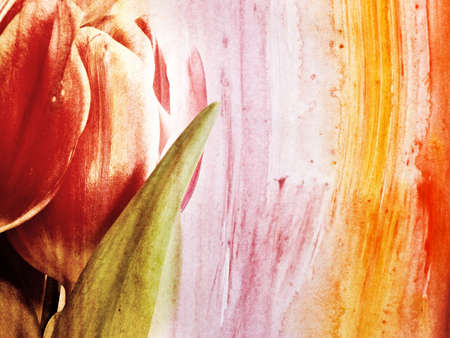 Red tulips over grunge painted background の写真素材