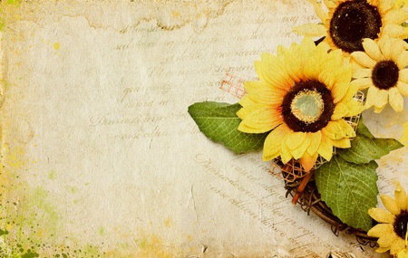 Grunge retro background with sunflowers and copy space の写真素材