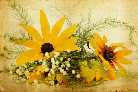 Grunge retro background with flowers and copy spaceの写真素材