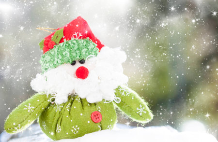 Christmas decoration with closeup on green Santa Claus figurine in the snowの写真素材