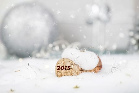 Close up on champagne cork in the snowの写真素材