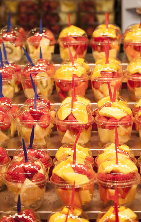 Fresh fruit salad exposed in the market. Fruit Cocktailsの写真素材