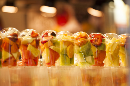 Fresh fruit salad exposed in the market. Fruit Cocktailsの写真素材