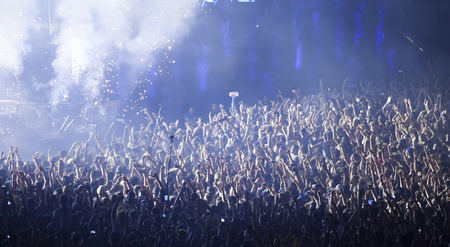 Cluj-Napoca, ROMANIA - AUGUST 3, 2015: Crowd having fun during a live concert at Untold Festival in the European Youth Capital city of Cluj Napocaのeditorial素材