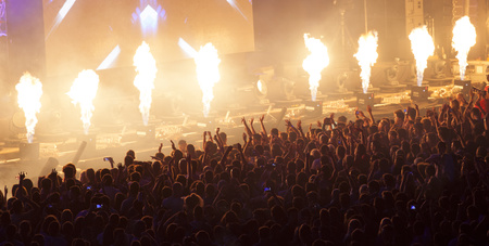 Cluj-Napoca, ROMANIA - AUGUST 3, 2015: Crowd having fun during a live concert at Untold Festival in the European Youth Capital city of Cluj Napocaのeditorial素材