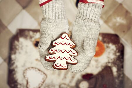Child's hands in gloves holding gingerbread cookie - Christmas preparations conceptの写真素材
